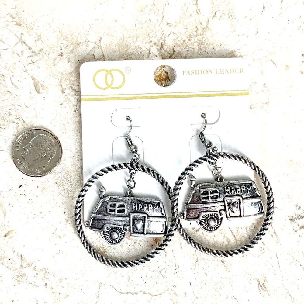 Silver Hoop Happy Camper Earrings NEW Vintage Travel Trailer Charm French Hook - Picture 4 of 6